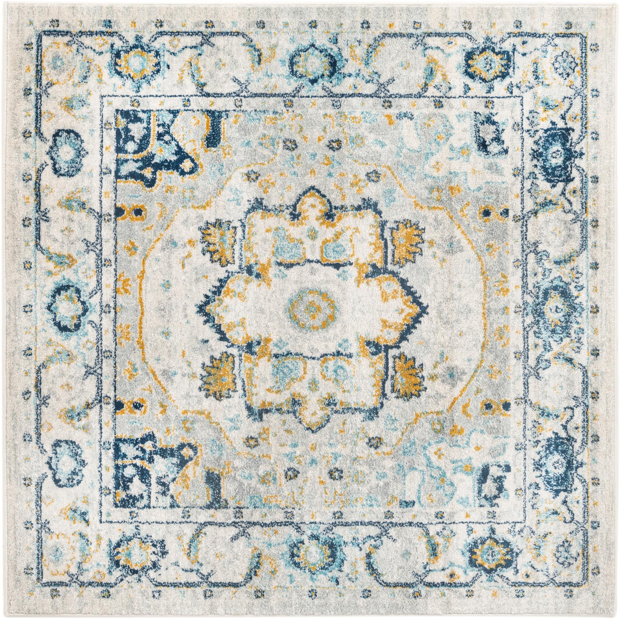 5' 3 x 5' 3 Pierce · Medallion rug, gray, blue and yellow