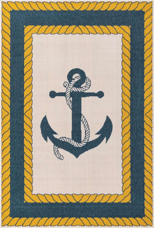 4' x 6' Dewitt · Nautical anchor Outdoor Rug, navy and yellow