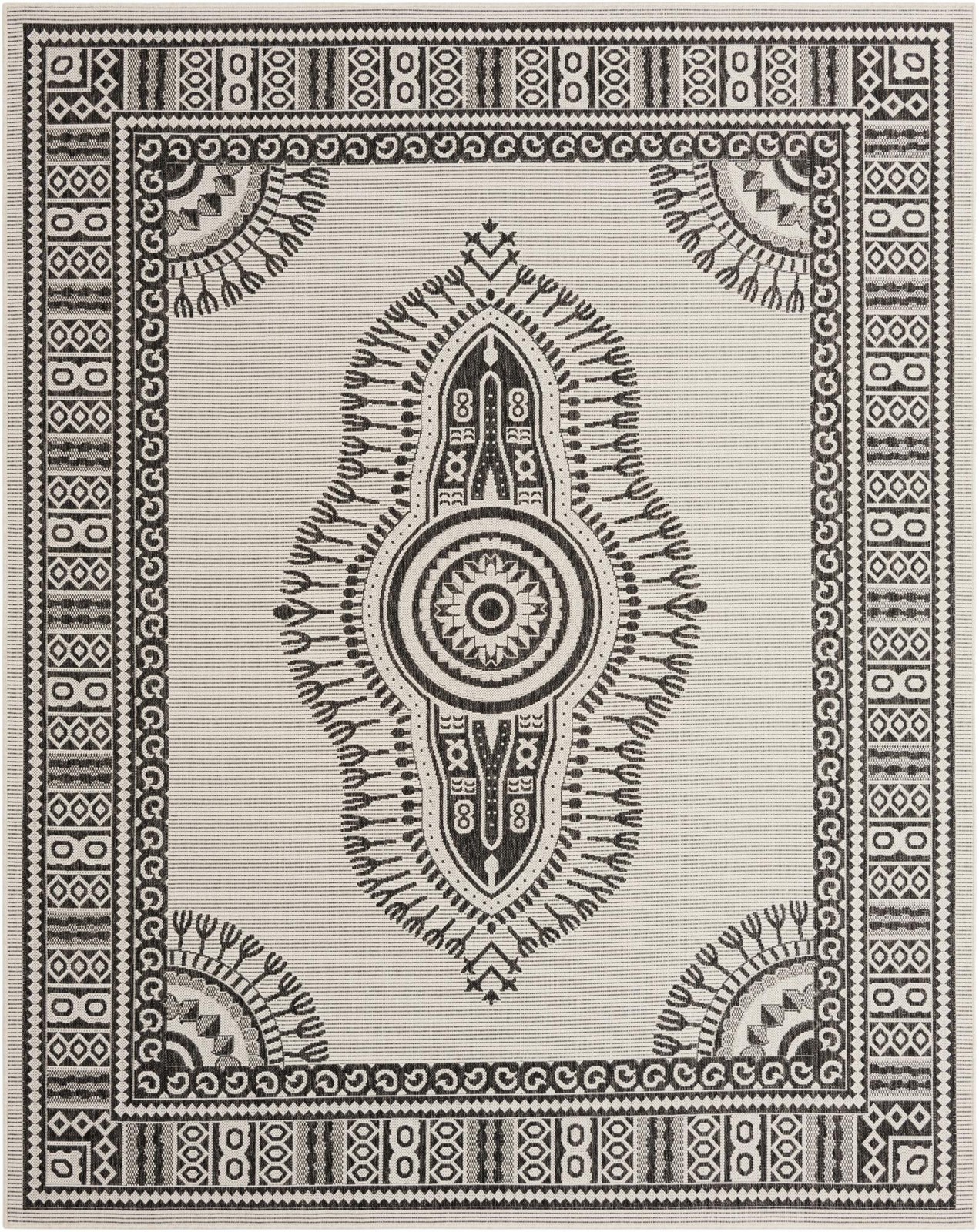 7' 10 x 10' Bainbridge · Border Outdoor Rug, white and black