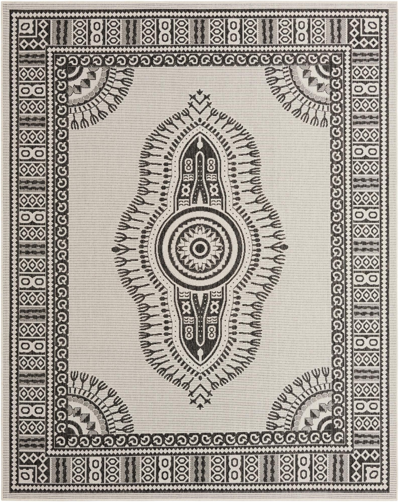 7' 10 x 10' Bainbridge · Border Outdoor Rug, white and black