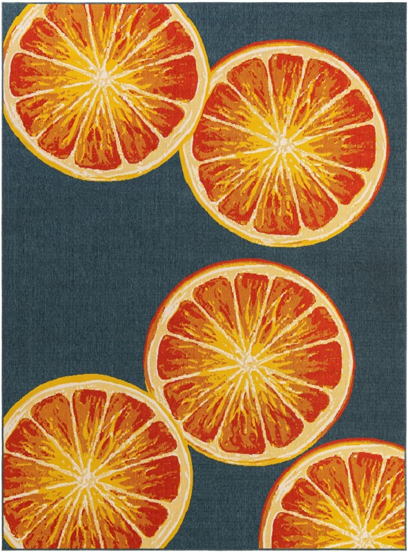 9' x 12' Hurley · Citrus slice Outdoor Rug, navy and orange