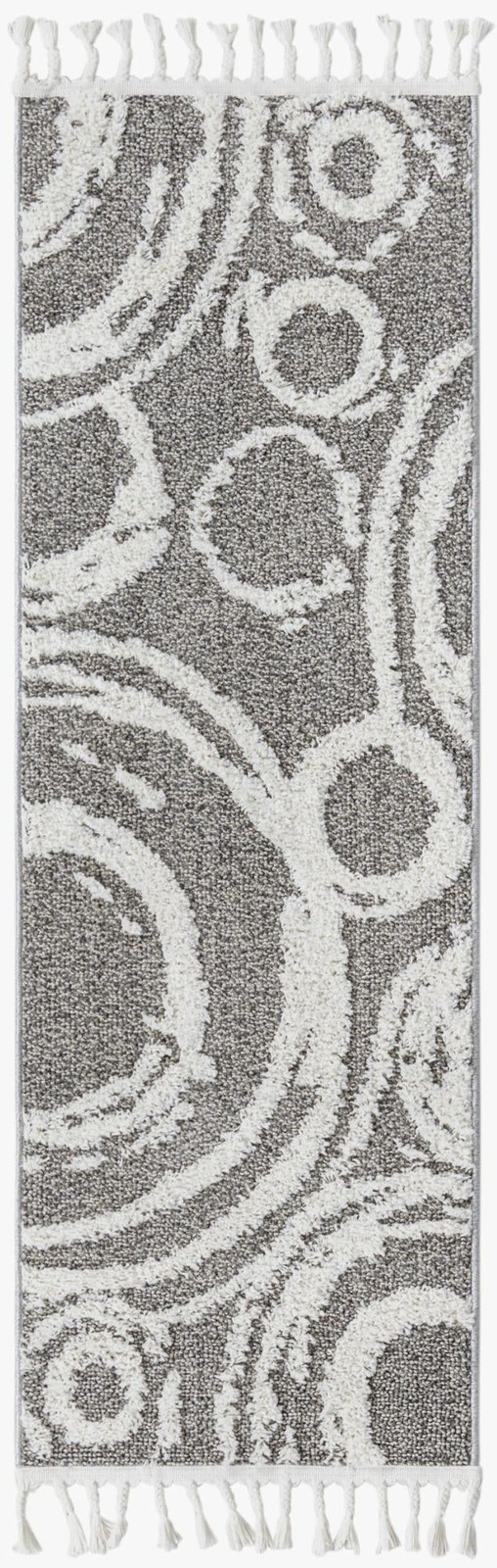 2' x 6' Beech · Abstract circles rug, gray and ivory