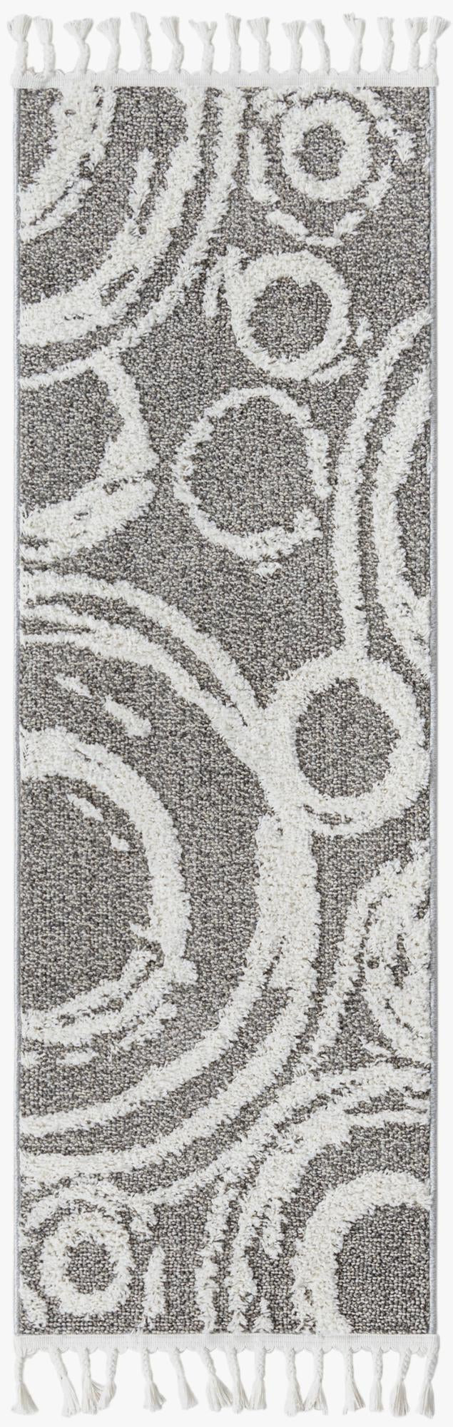 2' x 6' Beech · Abstract circles rug, gray and ivory