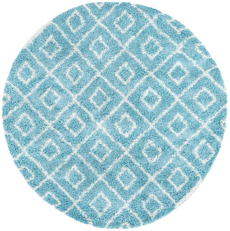 7' 10 x 7' 10 Brock · Diamond trellis Shag Rug, aqua and ivory