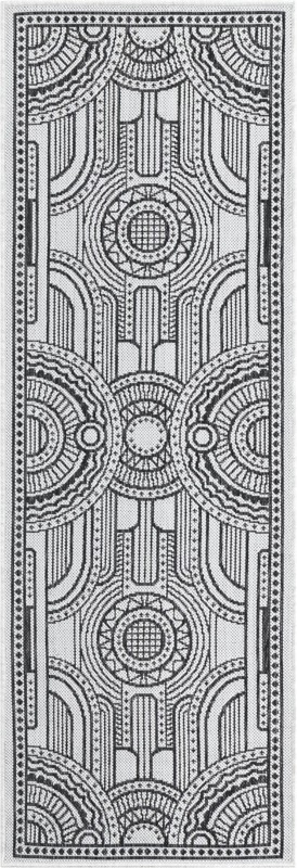 2' x 6' 1 Brough · Border Outdoor Rug, white and black