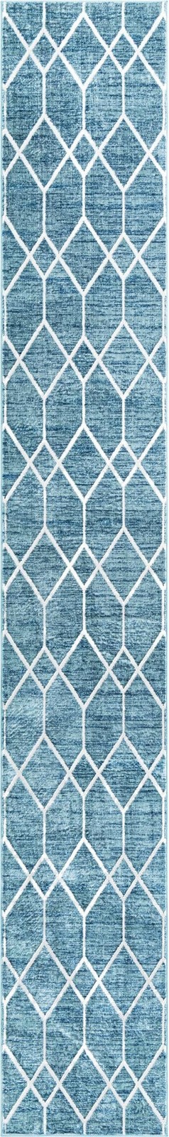3' x 19' 8 Thatcher · Geometric trellis rug, blue and ivory