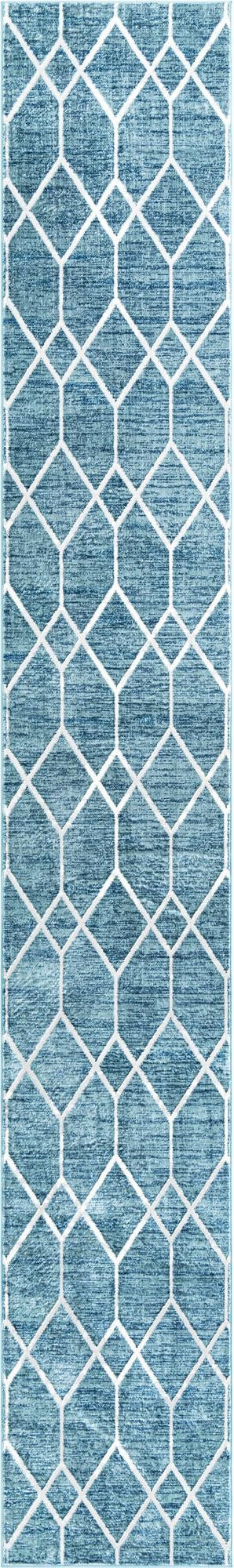 3' x 19' 8 Thatcher · Geometric trellis rug, blue and ivory