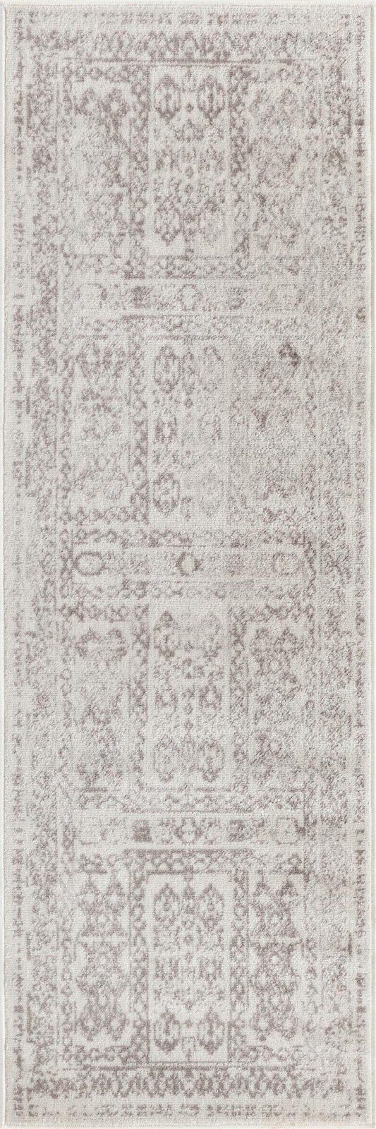 2' x 6' Fitch · Geometric border rug, cream and gray