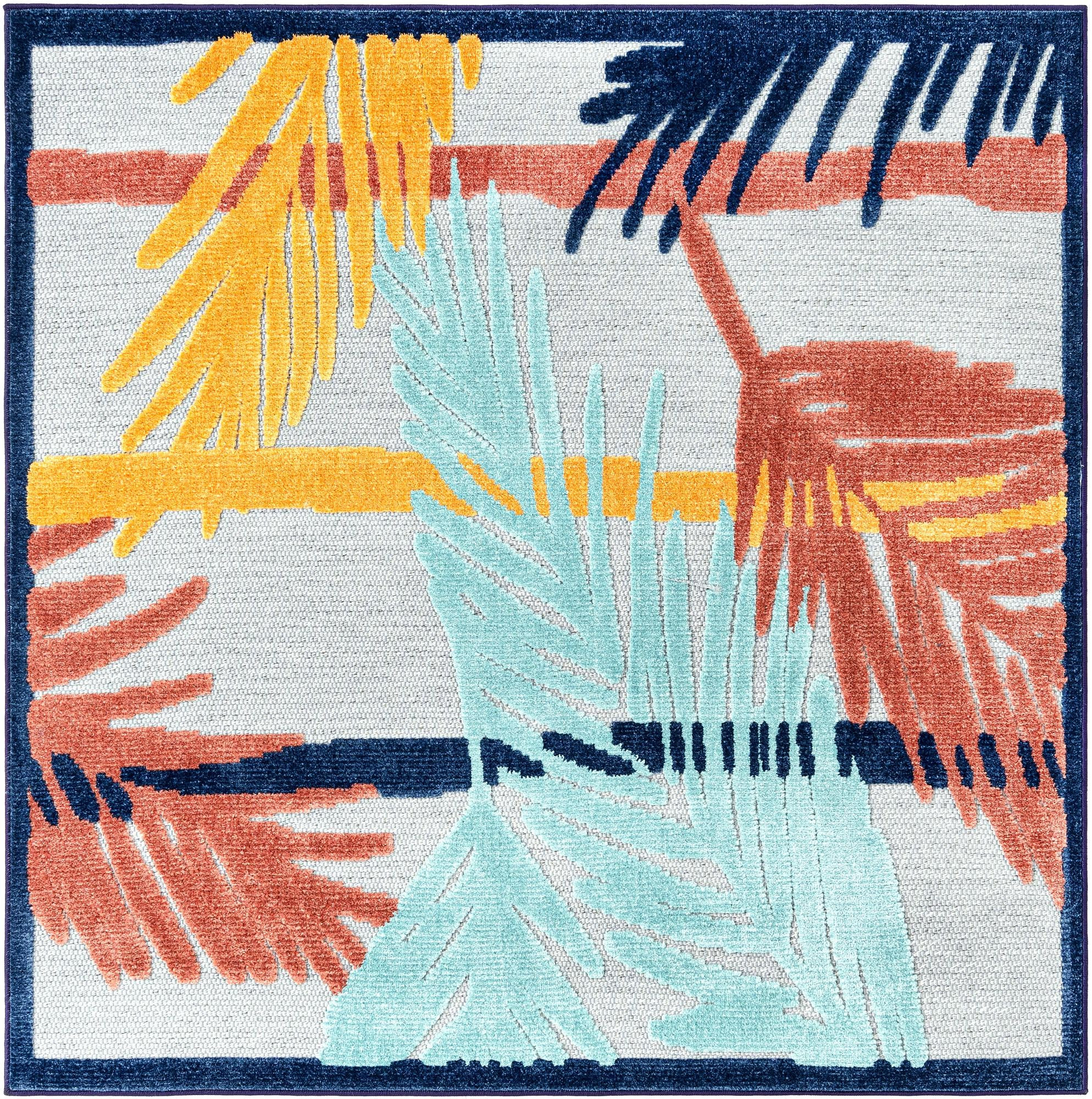 5' 3 x 5' 3 Elm · Tropical leaf Outdoor Rug, blue and orange