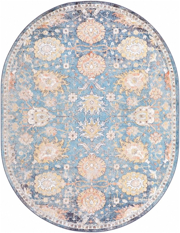 7' 10 x 10' 2 Ansel · Distressed floral rug, blue and tan