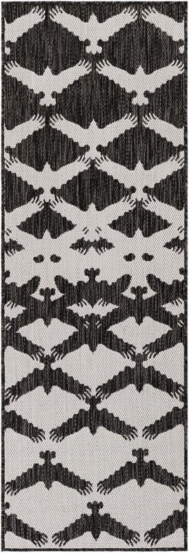 2' x 6' Wayland · Bird tessellation Outdoor Rug, black and white