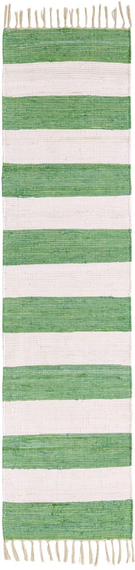 2' 2 x 8' Flagstaff · Striped Chindi Rug, green and ivory