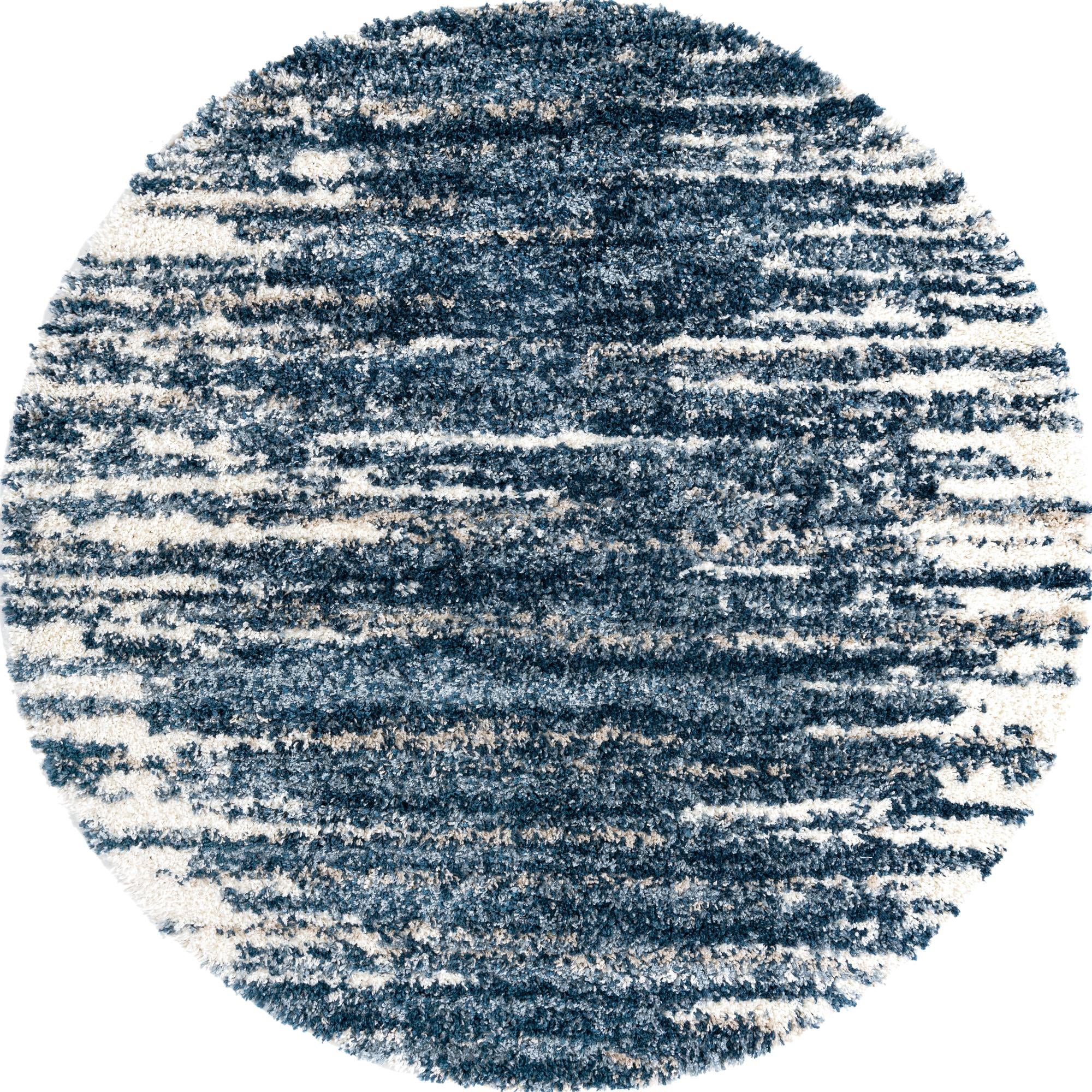 7' x 7' Felton · Abstract striped Shag Rug, blue and ivory
