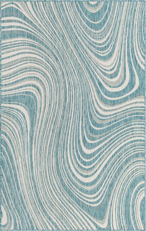 Lander · Abstract swirl Outdoor Rug, aqua and ivory