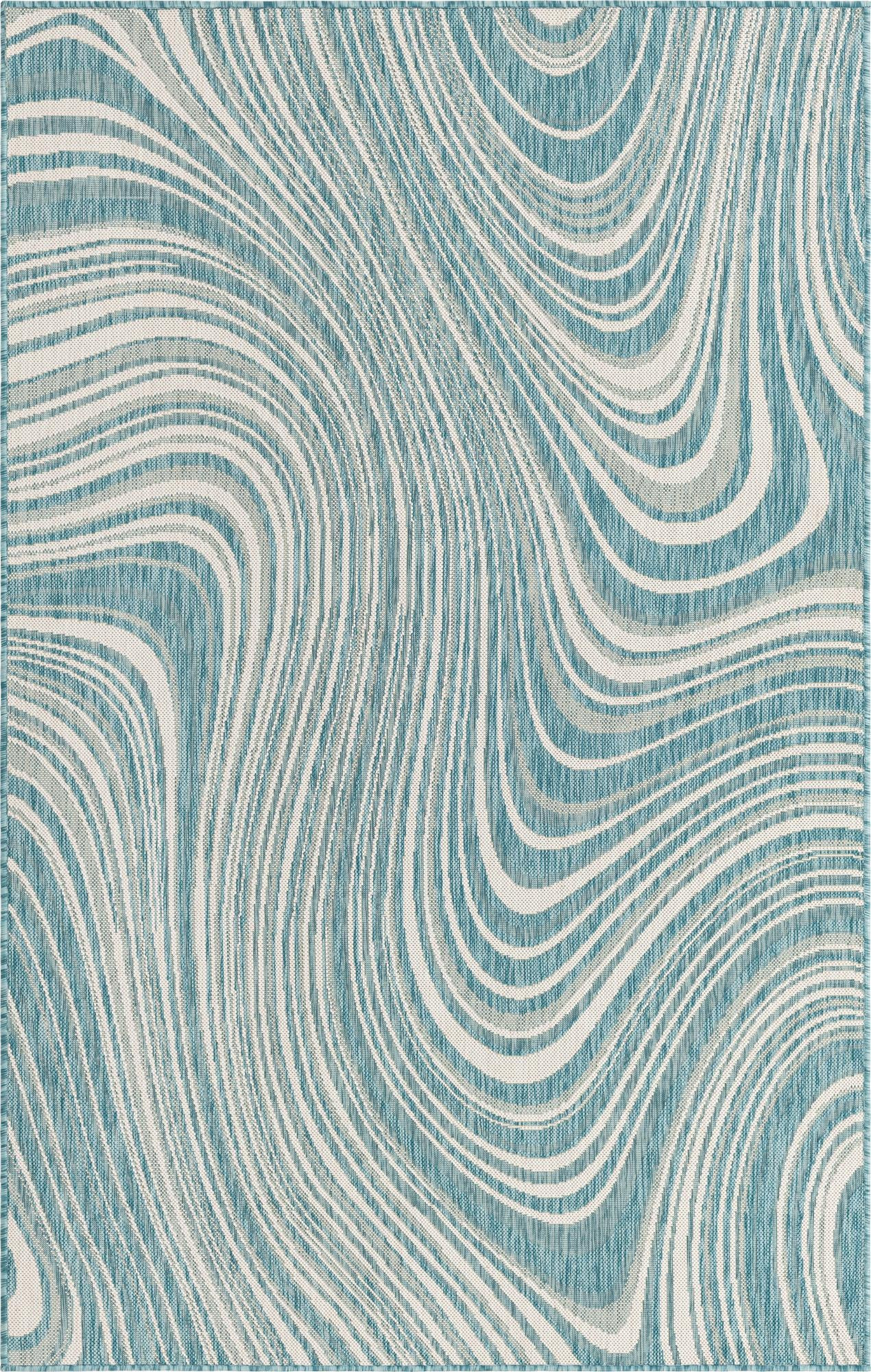 5' 3 x 8' Lander · Abstract swirl Outdoor Rug, aqua and ivory