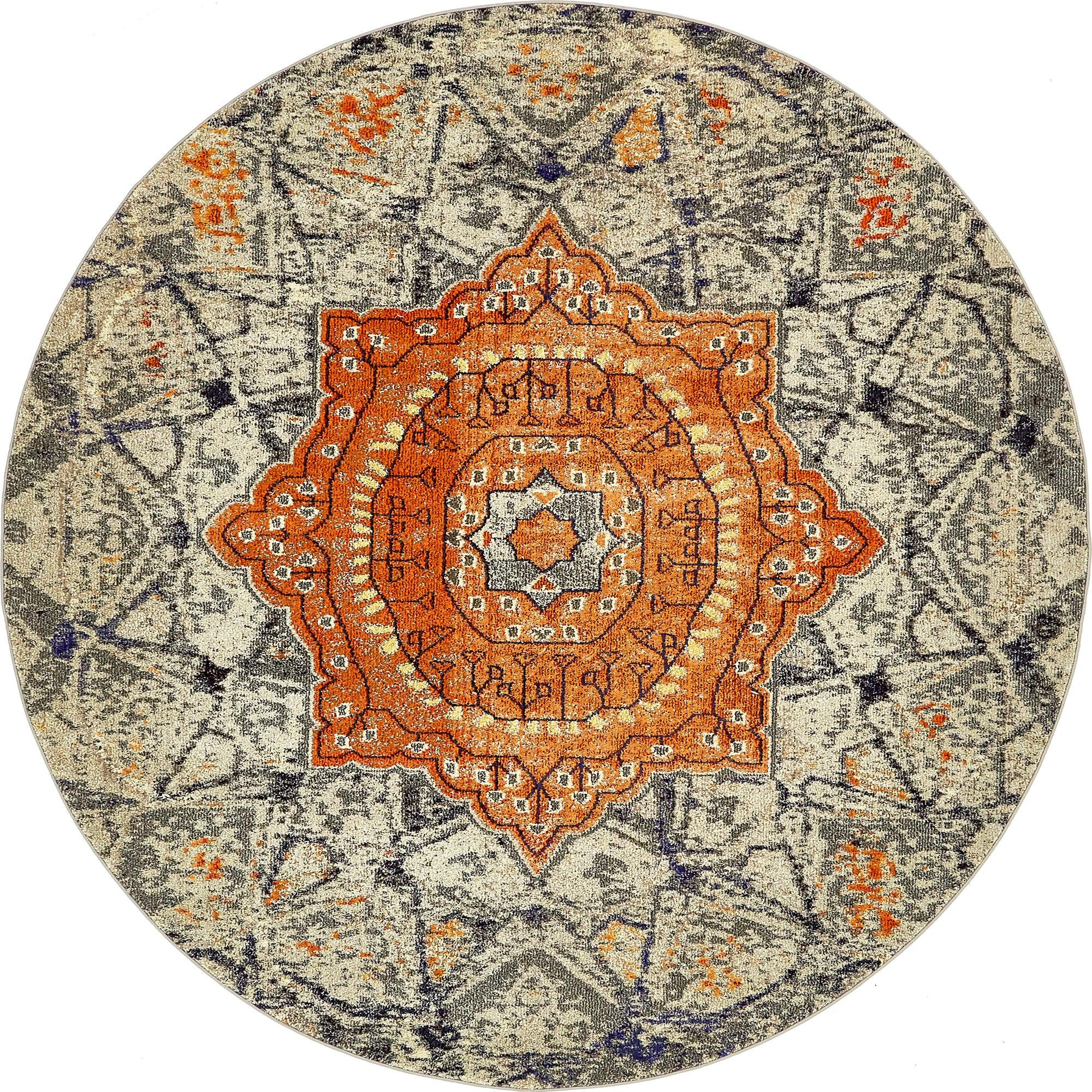 8' x 8' Alston · Medallion Washable Rug, gray and orange