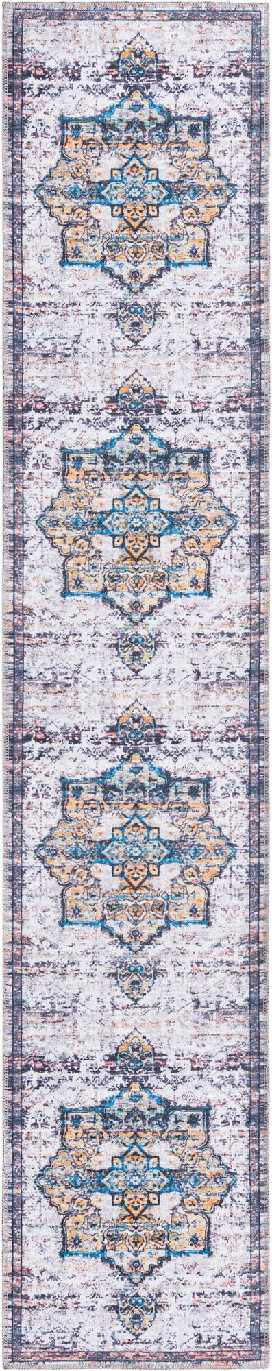 2' x 10' Rideout · Medallion Washable Rug, white and blue