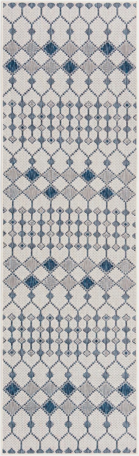 2' 7 x 10' Ramsden · Geometric lattice Outdoor Rug, blue and ivory