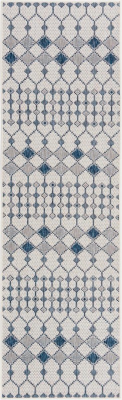 2' 7 x 10' Ramsden · Geometric lattice Outdoor Rug, blue and ivory