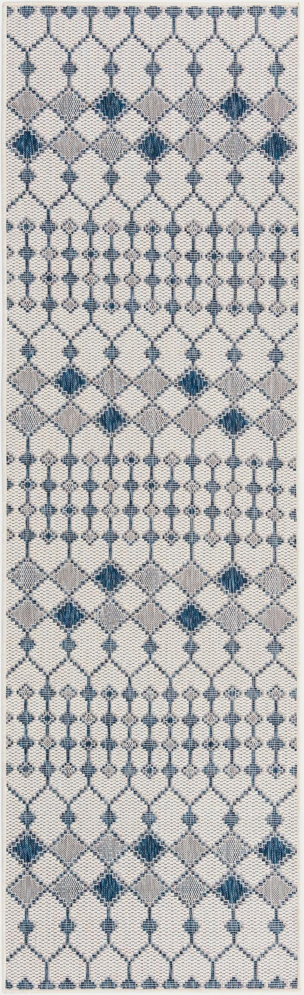 2' 7 x 10' Ramsden · Geometric lattice Outdoor Rug, blue and ivory