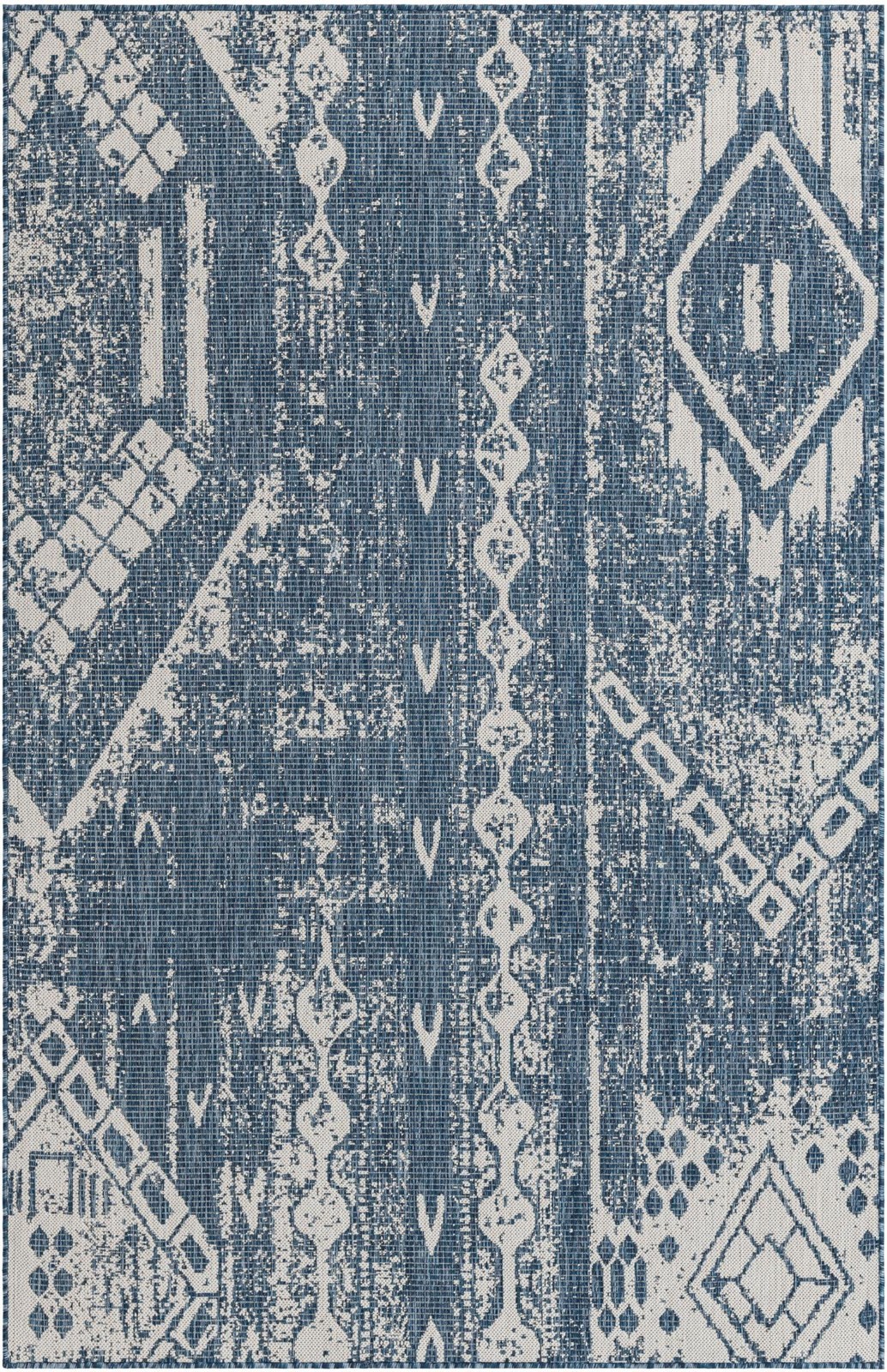 5' 3 x 8' Wildman · Tribal geometric Outdoor Rug, blue and ivory