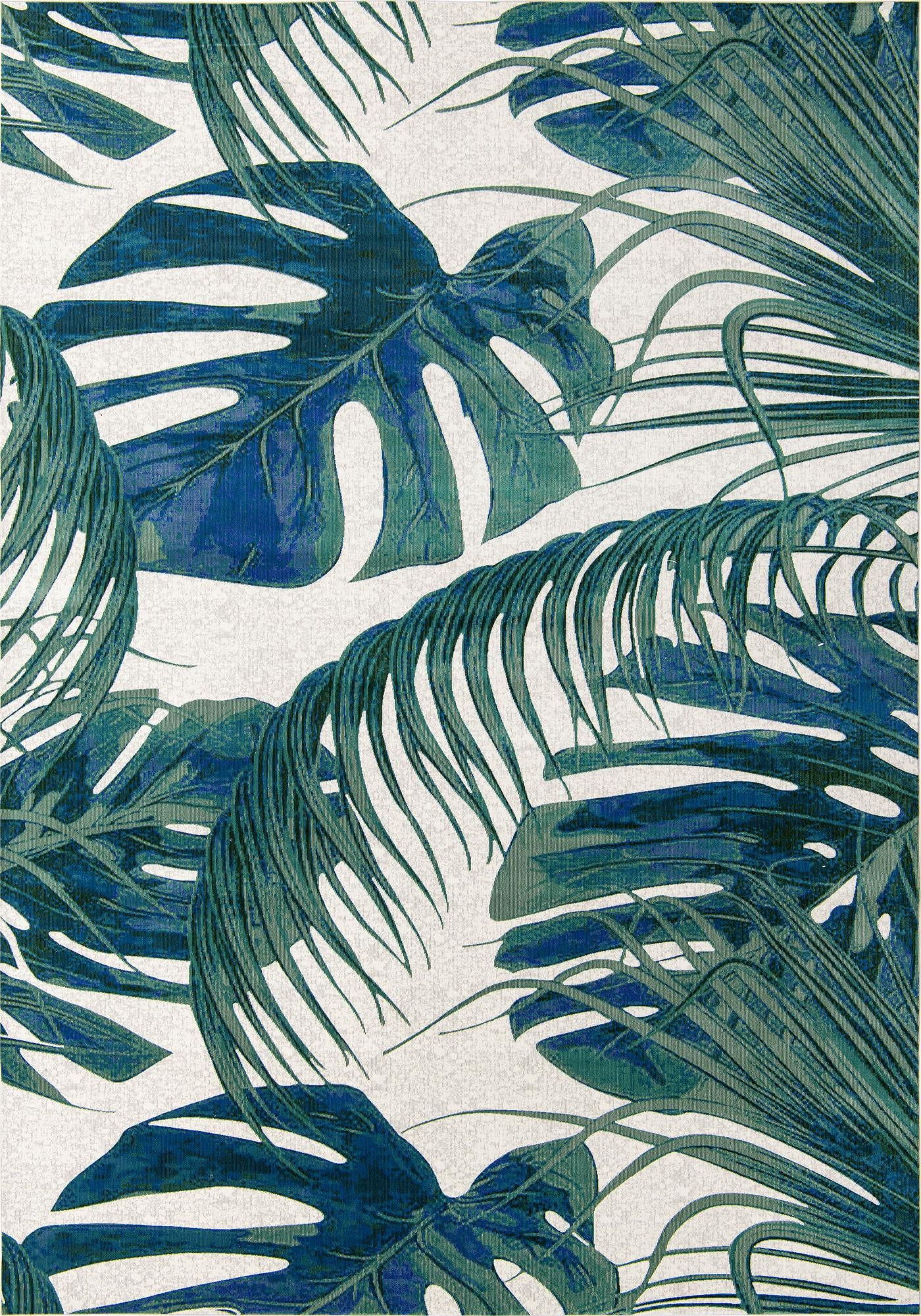 10' x 14' Britton · Tropical leaf rug, blue and olive