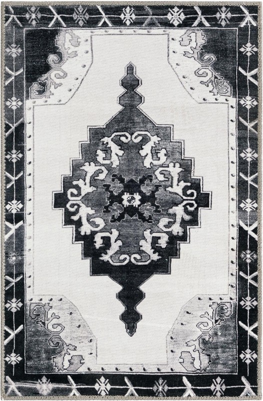 2' x 3' Sanderson · Medallion Washable Rug, black and white