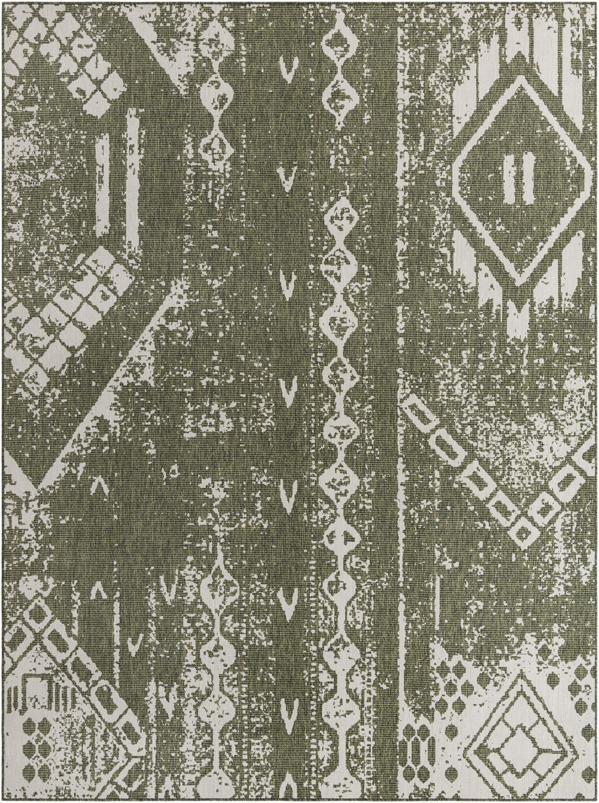 9' x 12' Wildman · Geometric Outdoor Rug, green and ivory