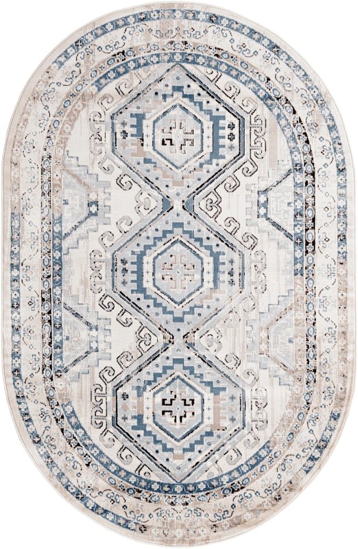 5' 3 x 8' Harmon · Geometric medallion rug, blue and ivory