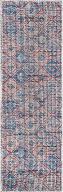 2' x 6' Torrance · Geometric diamond Washable Rug, peach and blue