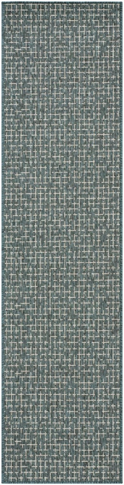 2' x 8' Loam · Grid Outdoor Rug, teal and cream