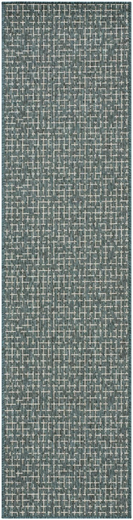 2' x 8' Loam · Grid Outdoor Rug, teal and cream