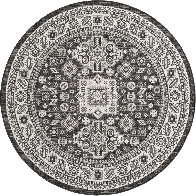6' x 6' Bellamy · Tribal medallion Outdoor Rug, charcoal and ivory