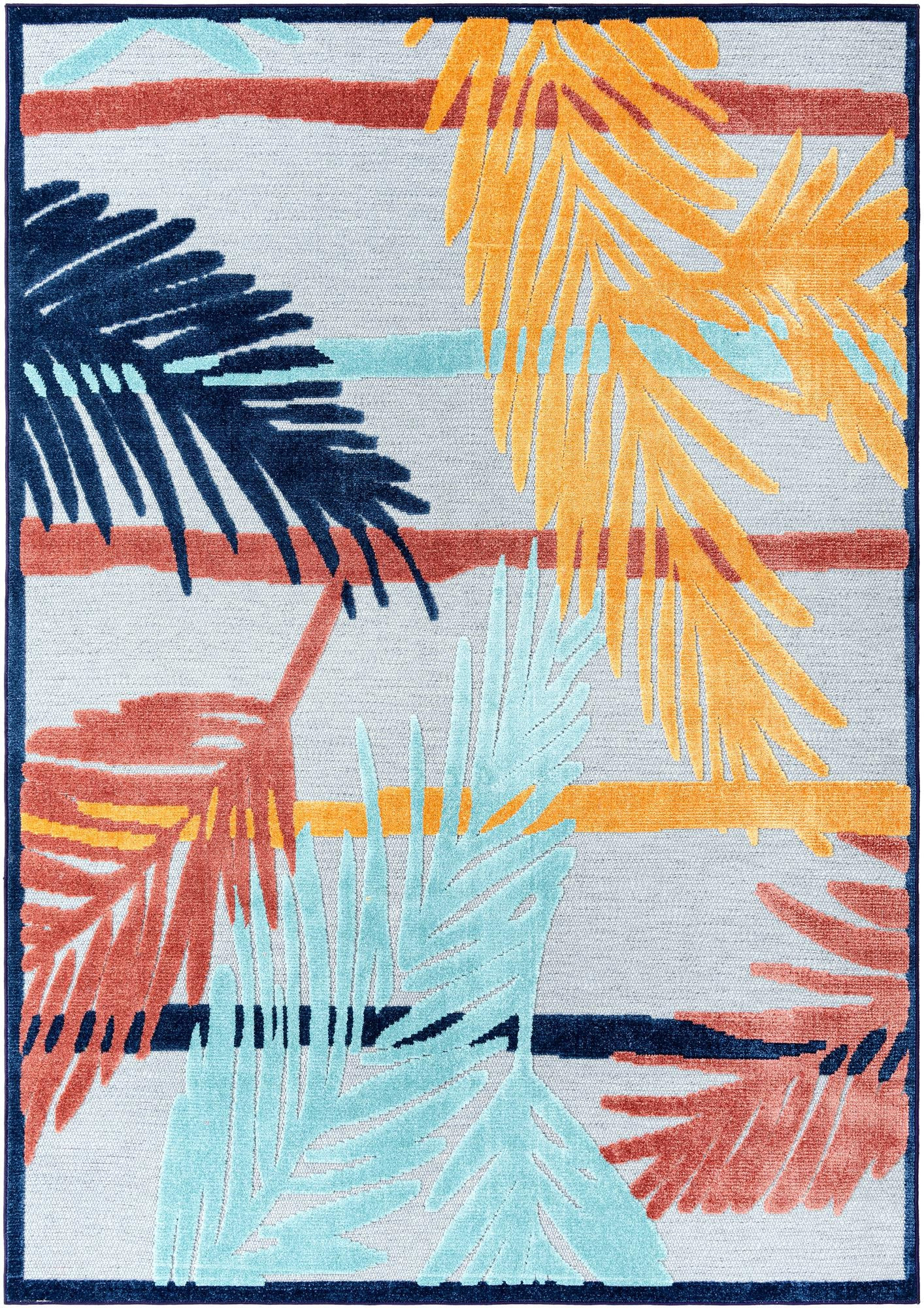 7' x 10' Elm · Tropical leaf Outdoor Rug, blue and orange