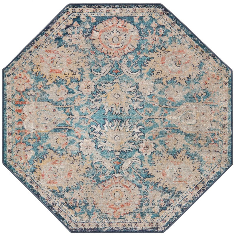 4' x 4' Ansel · Distressed floral rug, blue and tan