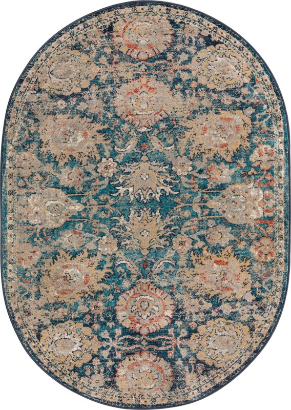 Ansel · Distressed floral rug, blue and tan