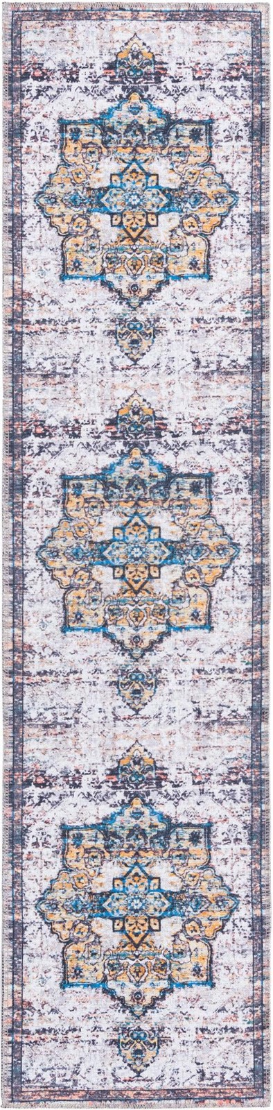 2' x 8' Rideout · Medallion Washable Rug, white and blue