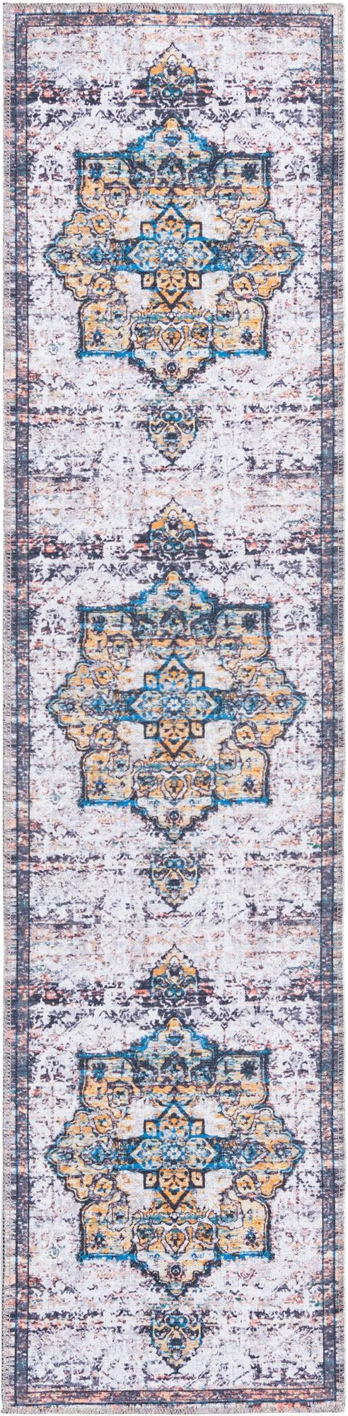 2' x 8' Rideout · Medallion Washable Rug, white and blue