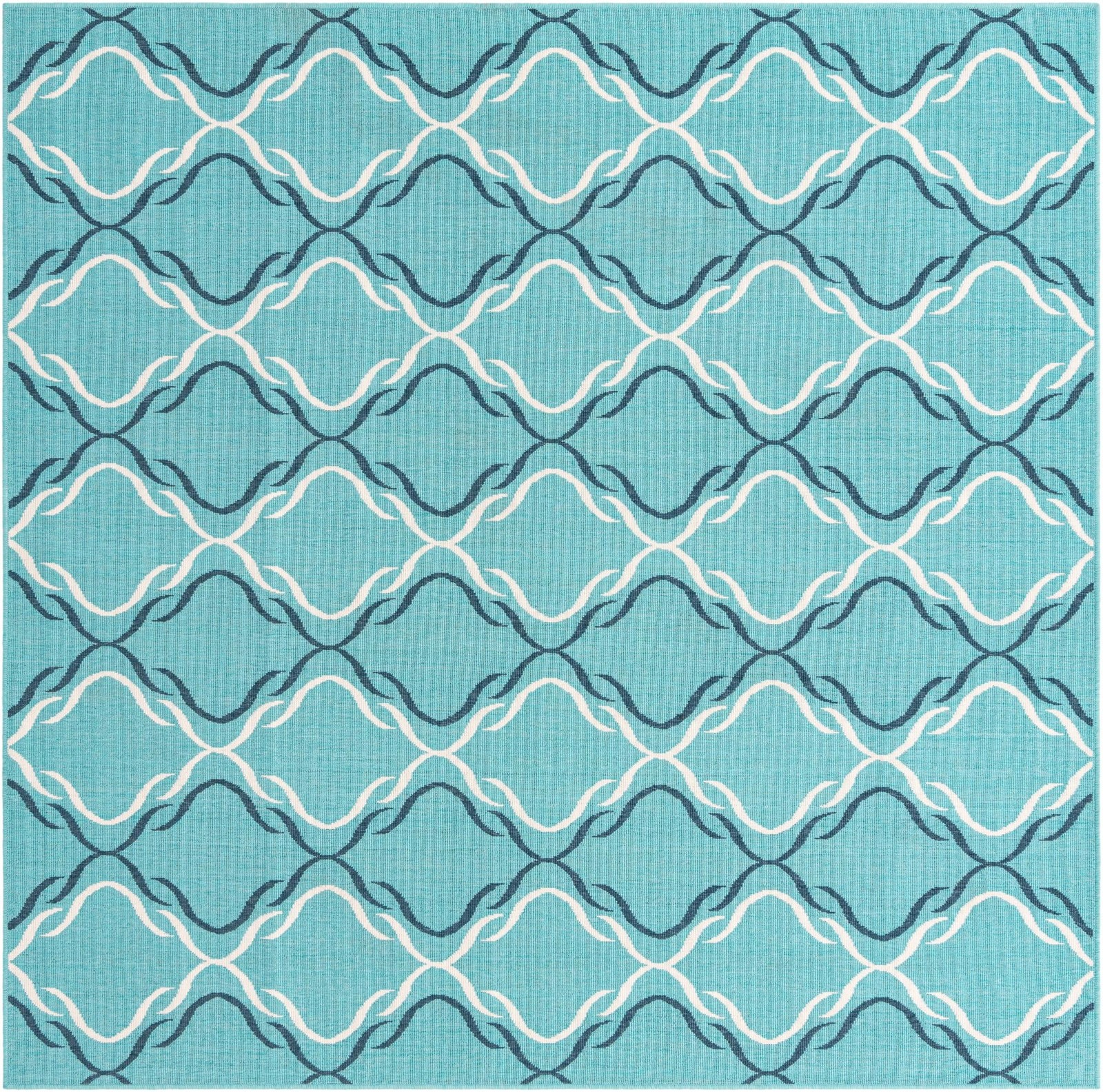 7' 10 x 7' 10 Comstock · Geometric lattice Outdoor Rug, teal and ivory
