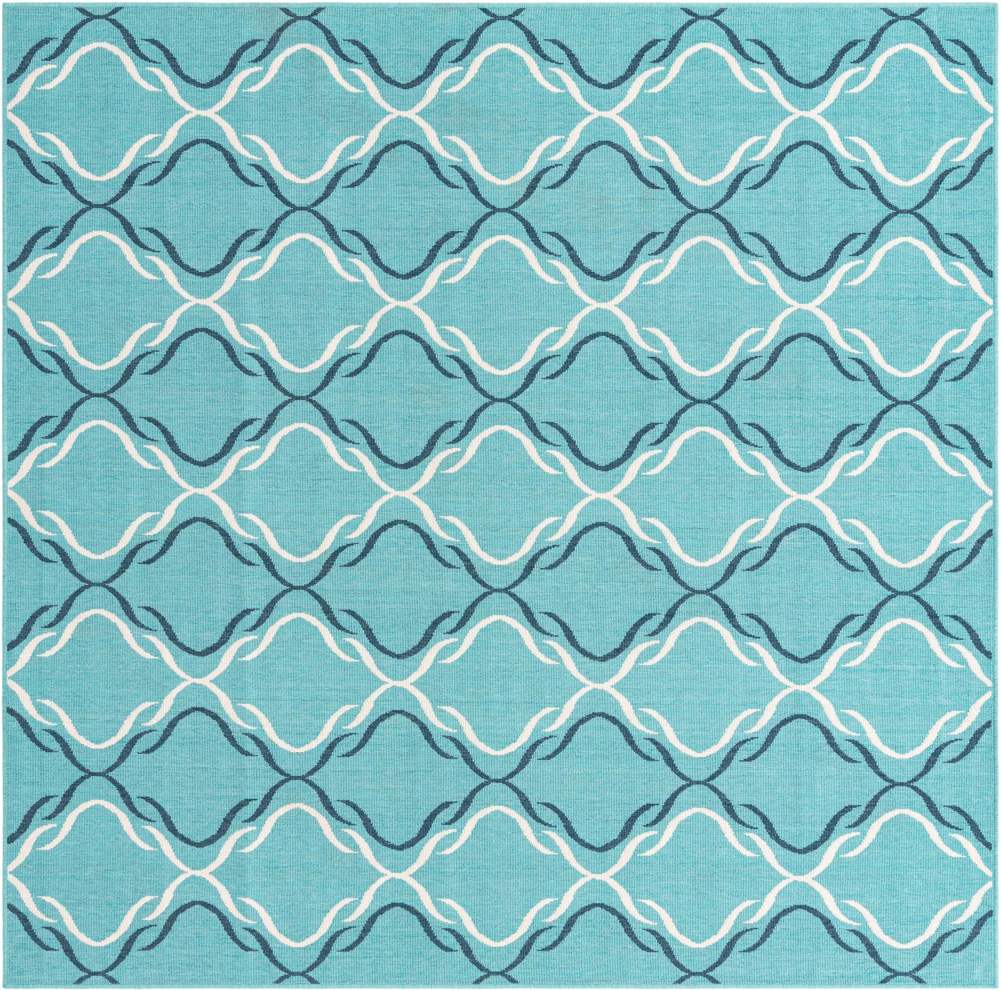 7' 10 x 7' 10 Comstock · Geometric lattice Outdoor Rug, teal and ivory