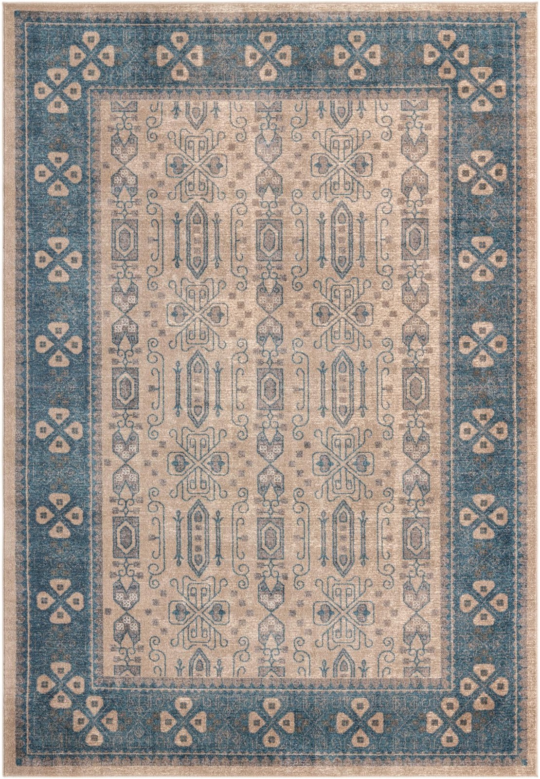 7' x 10' Esmond · Bordered medallion rug, beige and blue