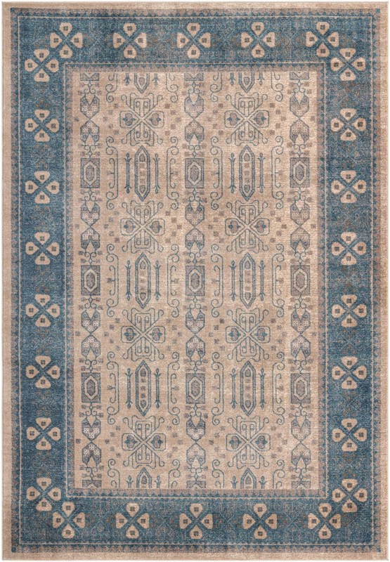7' x 10' Esmond · Bordered medallion rug, beige and blue