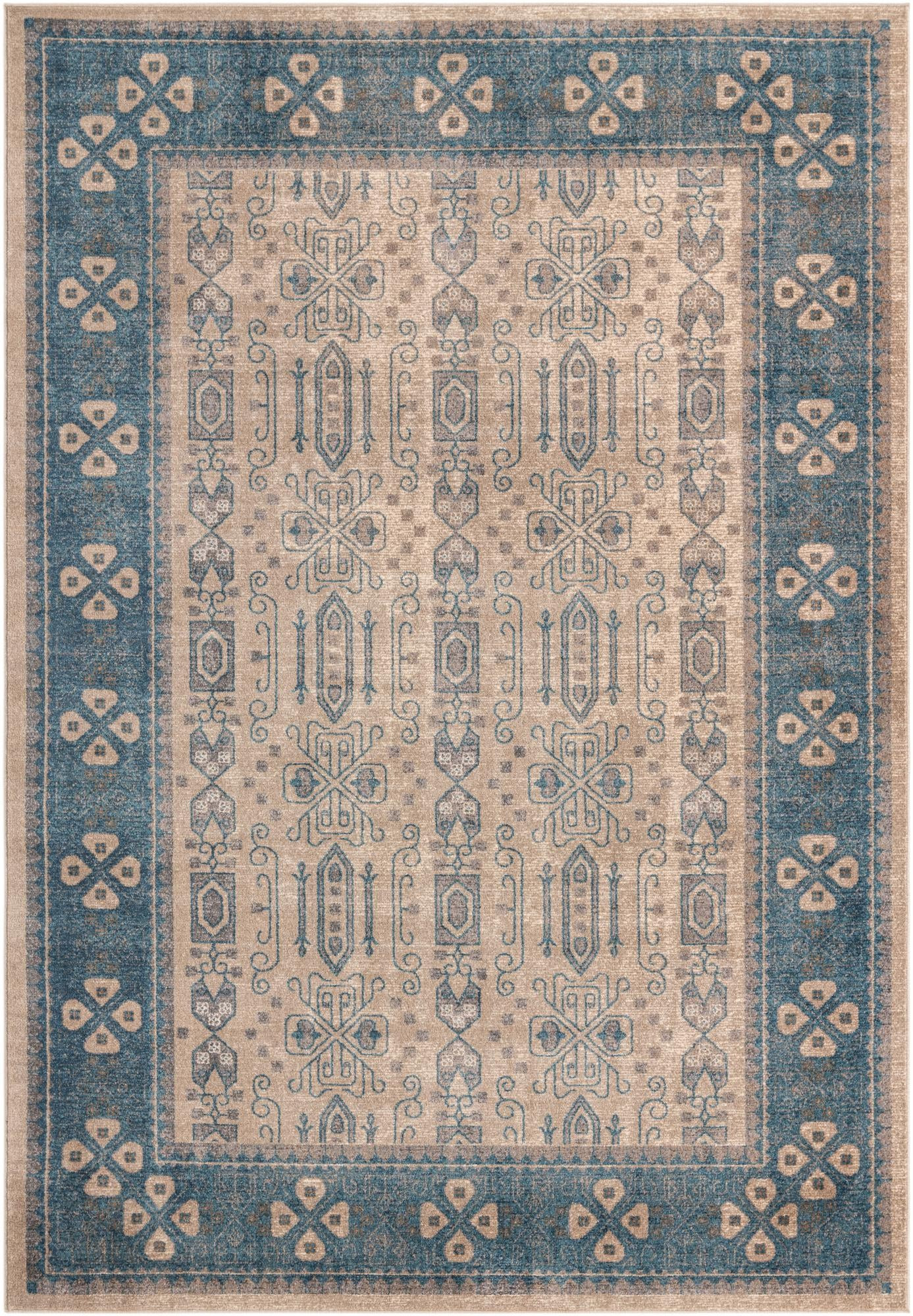 7' x 10' Esmond · Bordered medallion rug, beige and blue