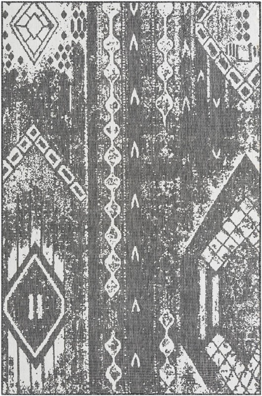 6' x 9' Wildman · Tribal geometric Outdoor Rug, charcoal and ivory