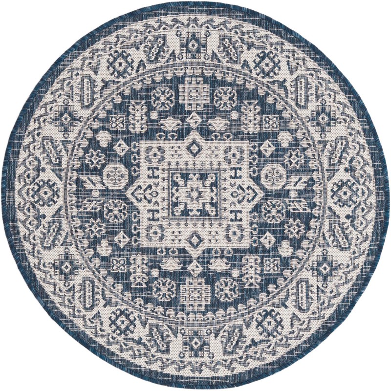 3' x 3' Bellamy · Geometric medallion Outdoor Rug, blue and ivory
