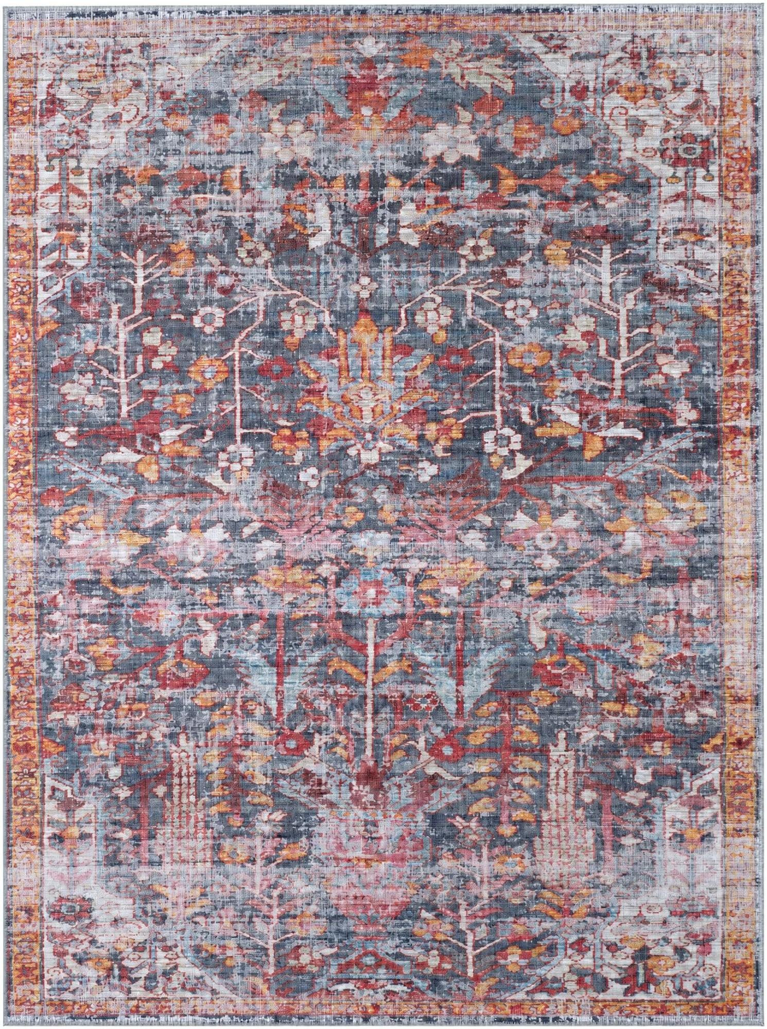 10' 6 x 14' Massey · Distressed floral rug, navy and rust