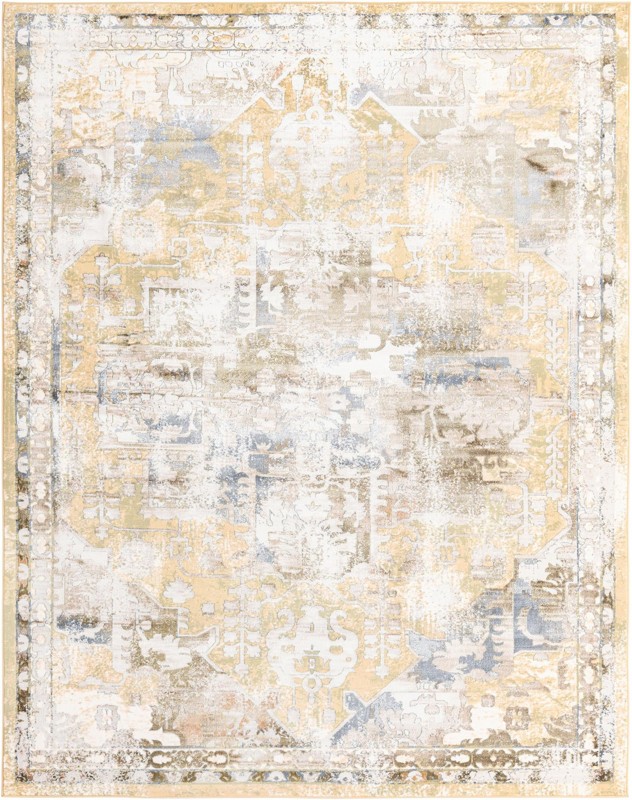 Starfield · Distressed medallion rug, yellow and ivory