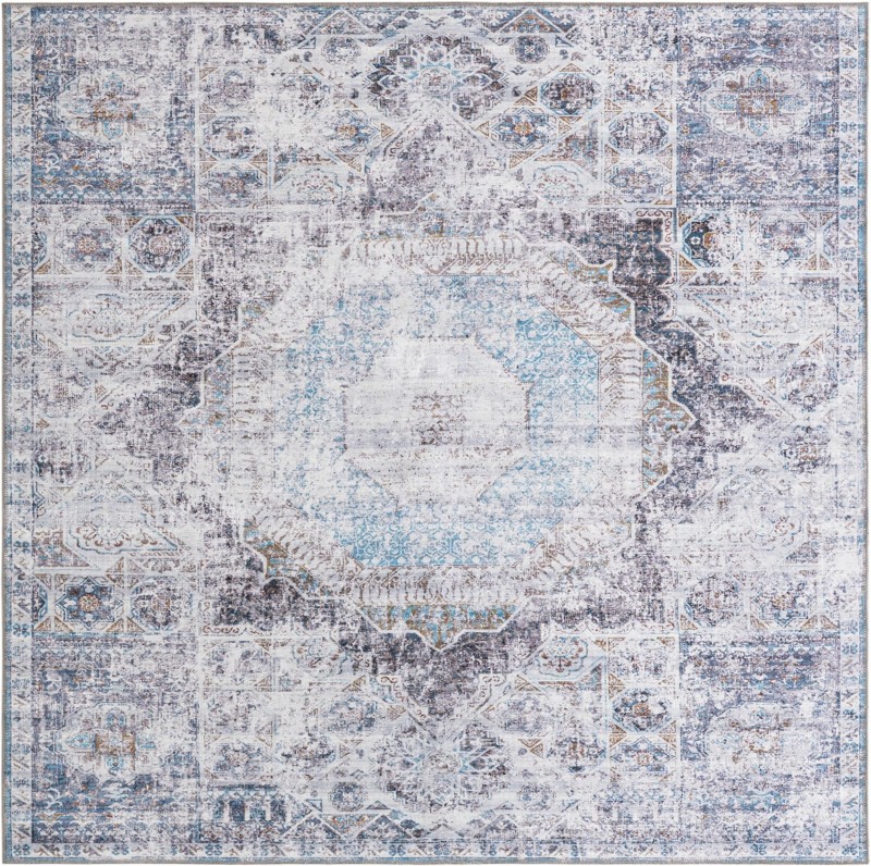 7' 10 x 7' 10 Cinnabar · Border rug, vintage ivory