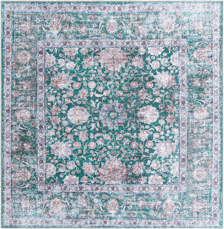 Bertie · Floral Washable Rug, emerald and ivory