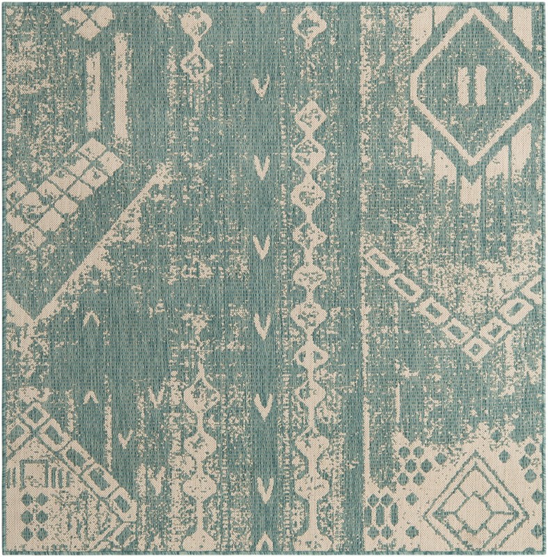 5' 3 x 5' 3 Wildman · Tribal geometric Outdoor Rug, aqua and ivory